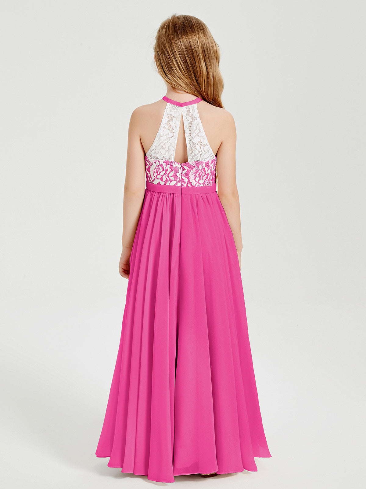 Lace Top Long Chiffon Bridesmaid Dresses Fuchsia